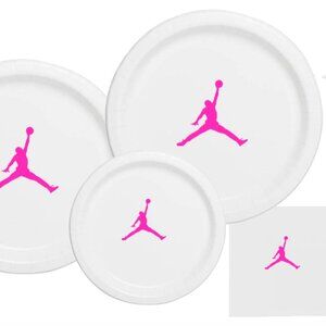 Jumpman Party Plates | White&Pink Basketball Themed Paper Plates | 60 Piece Set